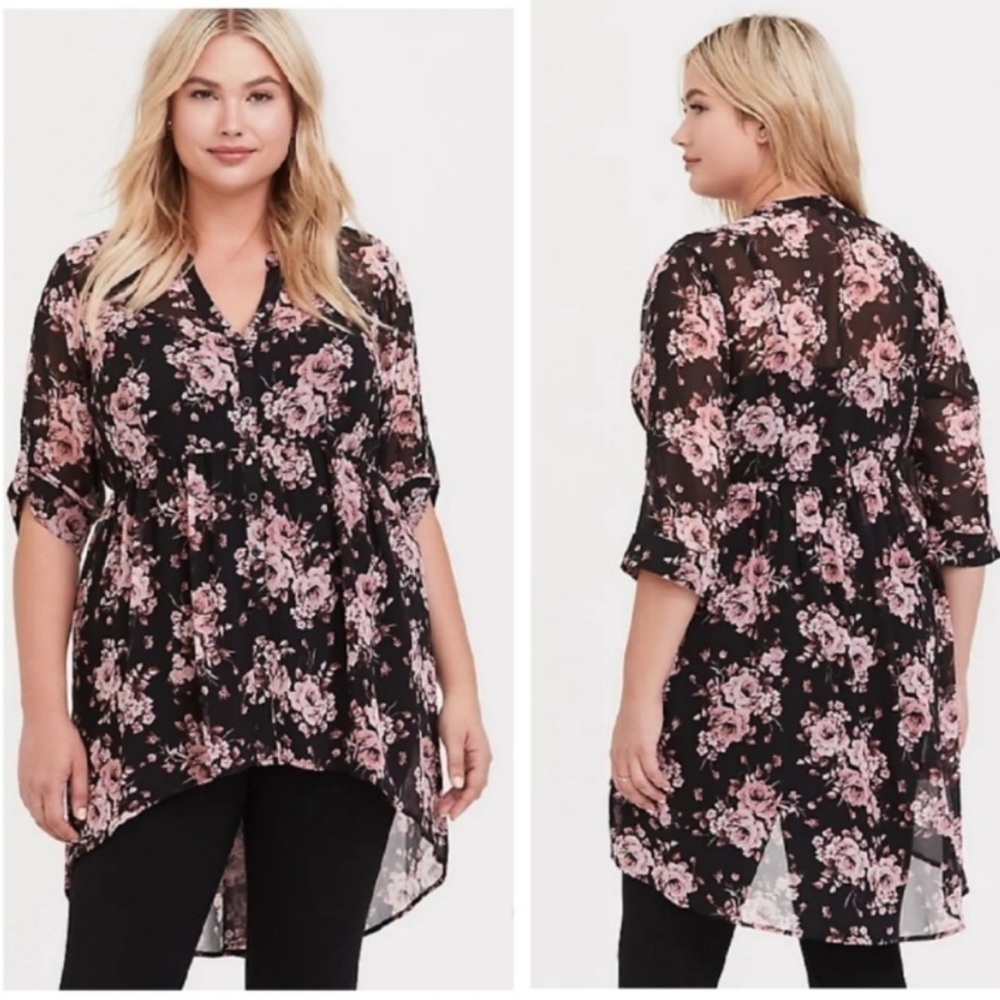 TORRID LEXIE BABYDOLL ROMANTIC GOTH FLORAL HI LOW TAB SLEEVE CHIFFON TUNIC TOP L